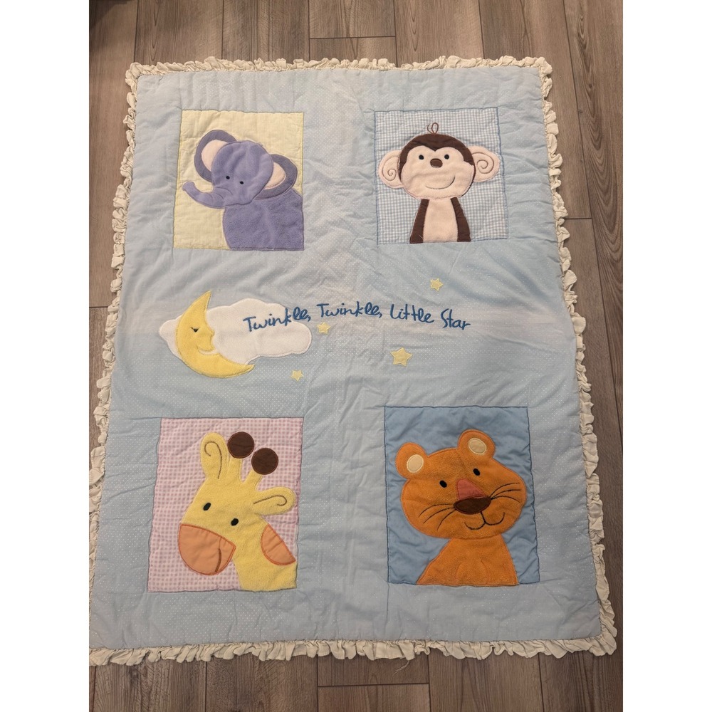 Vintage Twinkle Twinkle Little Star Baby Blanket Animal Applique Blue‎ 43x33.5